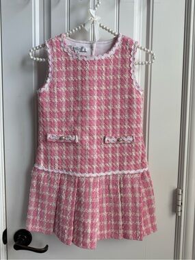 Badgley Mischka Pink and White Tweed Drop-Waist Dress